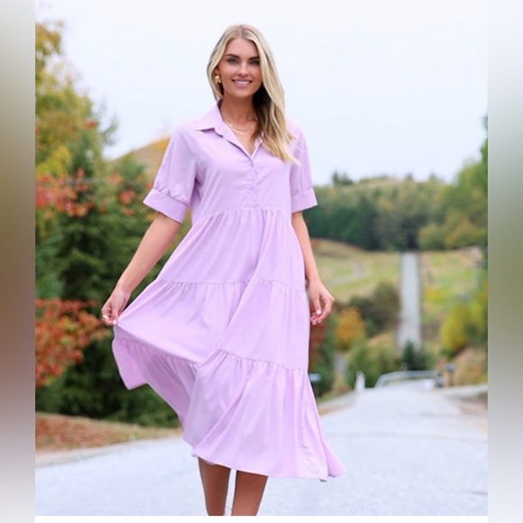 PrettyGarden Lavender Tiered Midi Dress Size L Button Front Short Sleeve - Picture 1 of 6